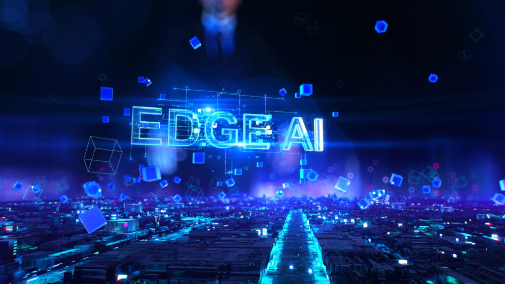 Stock photo of that says 'EDGE AI' on a computing-themed, blue and black background.