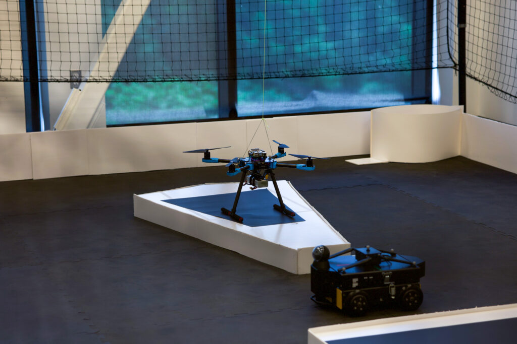 A drone hovers in the new Ericsson-Carleton 5G Drone lab.