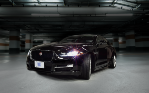 A black jaguar with a QNX license plate, sitting in a garage.